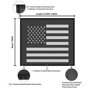 Tentproinc RV Awning Sun Shade Screen  ( America Flag ) Black Mesh Sunshade Camper Trailer Awning Shade Screen UV Blocker Completed Kits