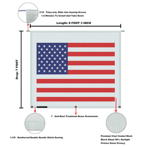 Tentproinc RV Awning Sun Shade Screen ( America Flag ) Gray Mesh Sunshade Camper Trailer Awning Shade Screen UV Blocker Completed Kits