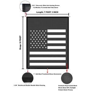Tentproinc RV Awning Sun Shade Screen  ( America Flag ) Black Mesh Sunshade Camper Trailer Awning Shade Screen UV Blocker Completed Kits