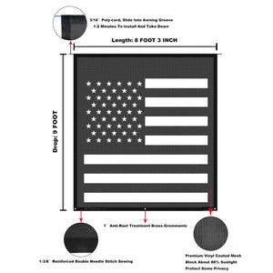 Tentproinc RV Awning Sun Shade Screen  ( America Flag ) Black Mesh Sunshade Camper Trailer Awning Shade Screen UV Blocker Completed Kits