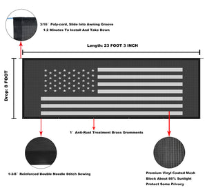 Tentproinc RV Awning Sun Shade Screen  ( America Flag ) Black Mesh Sunshade Camper Trailer Awning Shade Screen UV Blocker Completed Kits