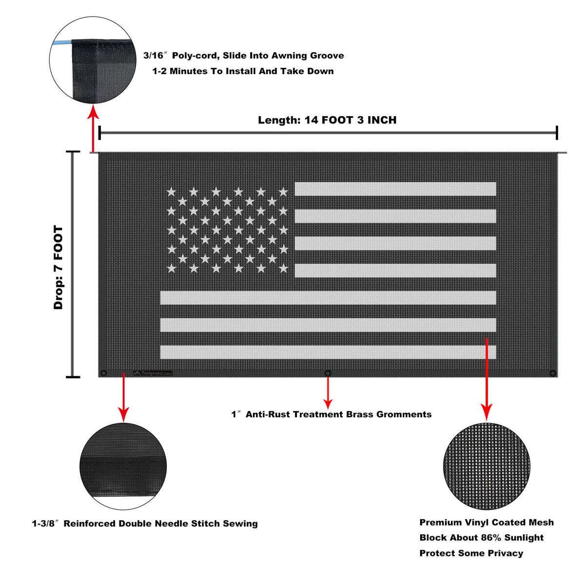 Tentproinc RV Awning Sun Shade Screen ( America Flag ) Black Mesh Suns